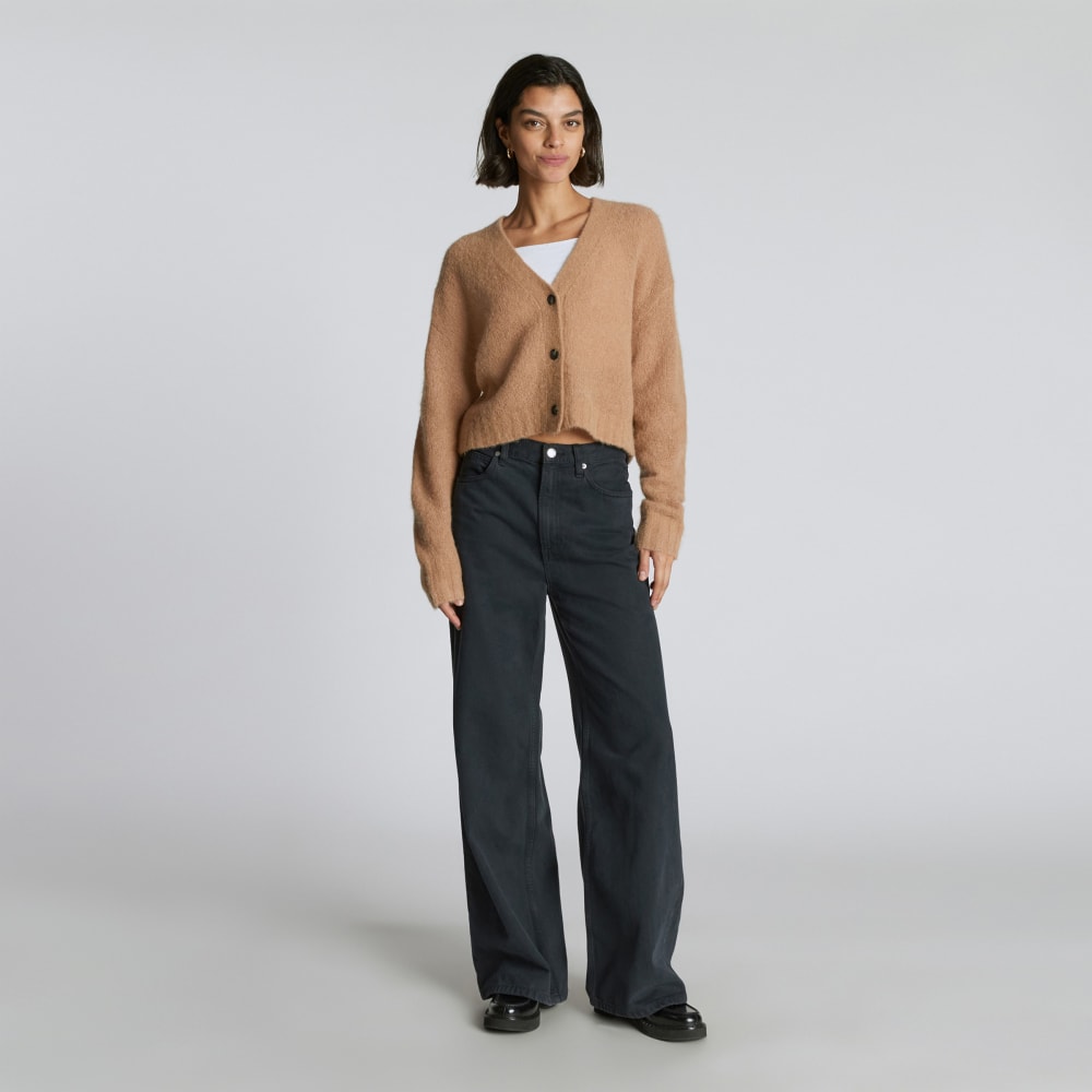 The Alpaca V-Neck Cropped Cardigan in Warm Taupe — detail view