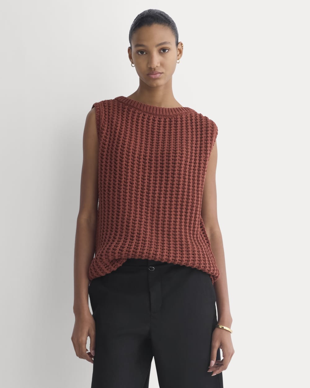 Open-Knit Tunic Vest in Elevated Cotton in Henna Red — front view