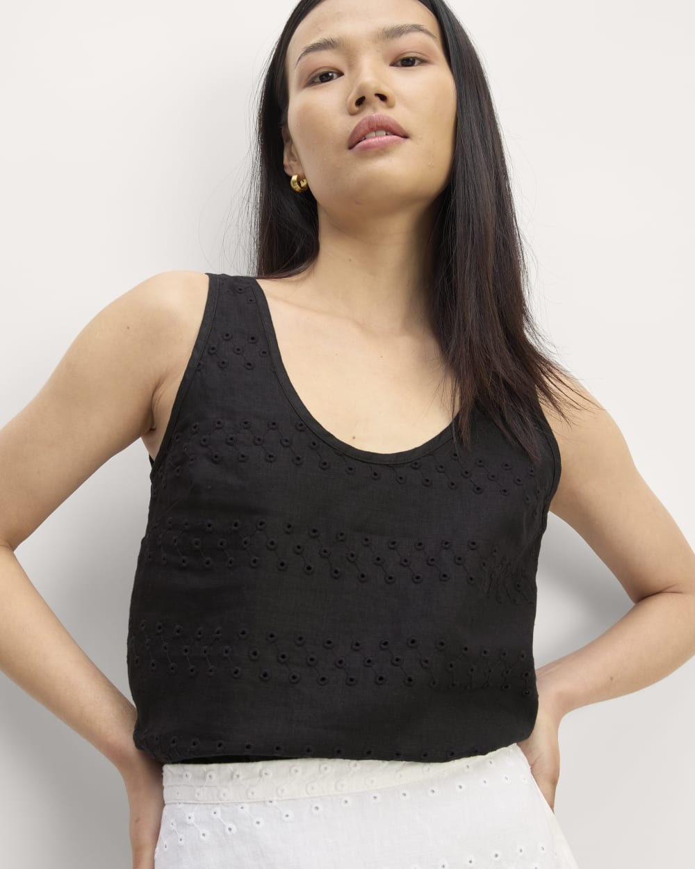 The Linen Eyelet Scoop-Neck Tank in Black Eyelet — detail view