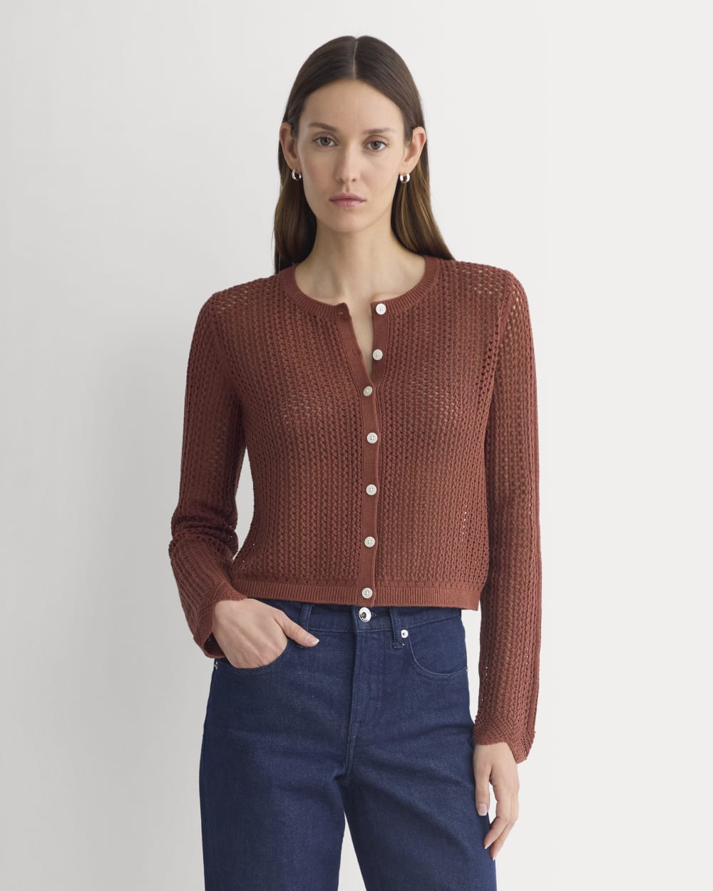 Lace-Knit Cardigan in Henna Red — front view