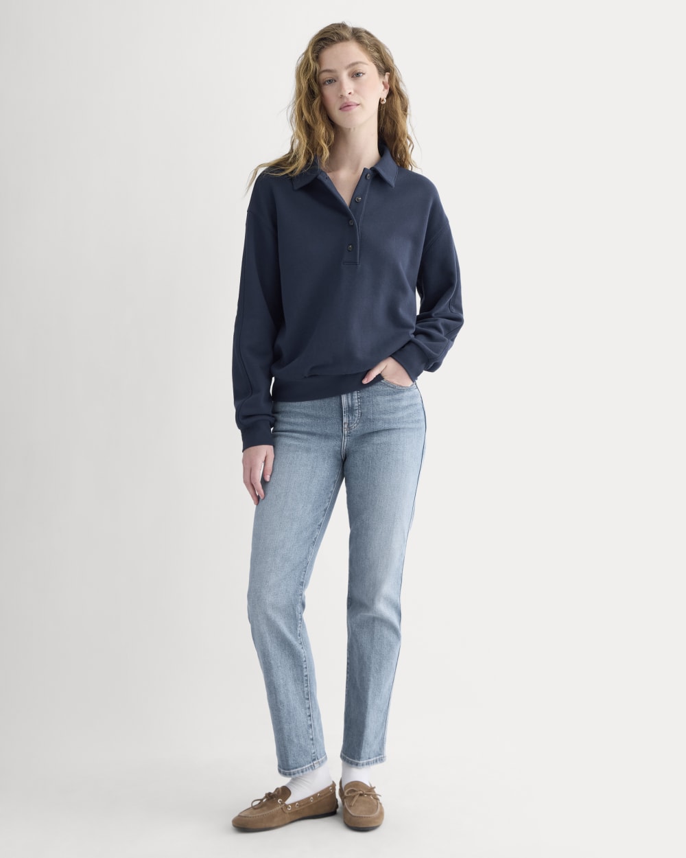 Lightweight Terry Polo Sweatshirt in Navy — detail view