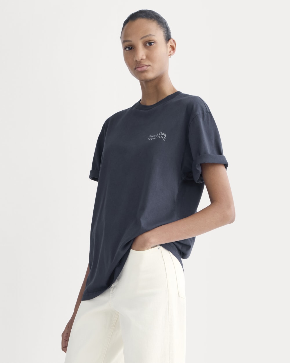 Everlane x Peace & Quiet Graphic Logo Tee in Navy — front view