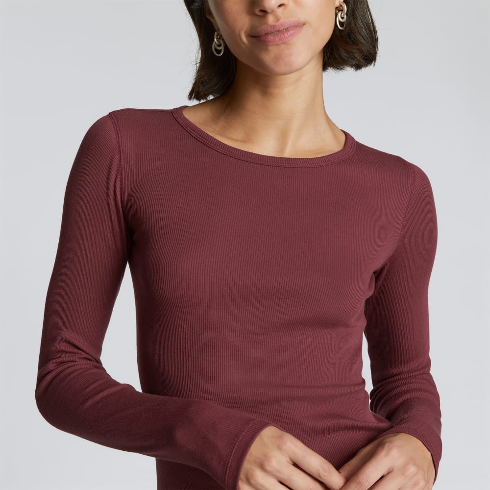 The Pima Micro-Rib Long-Sleeve Crew in Brandy — detail view