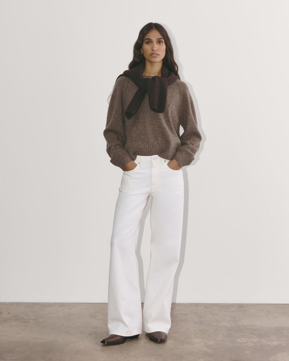 The Boxy Crew in Cashmere in Taupe Brown Donegal — detail view