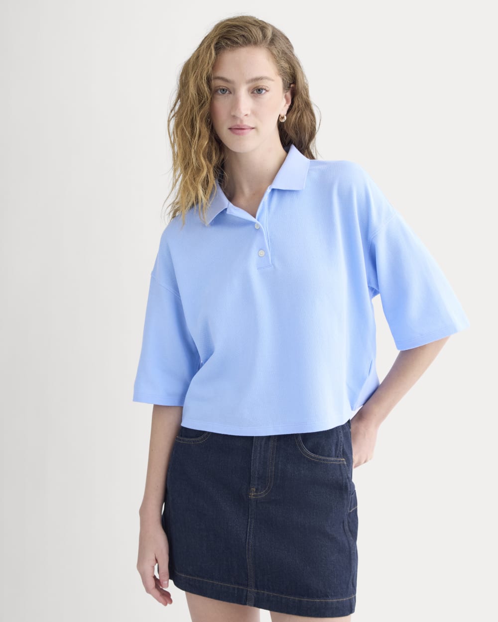 Pique Boxy Polo in Open Air Blue — front view