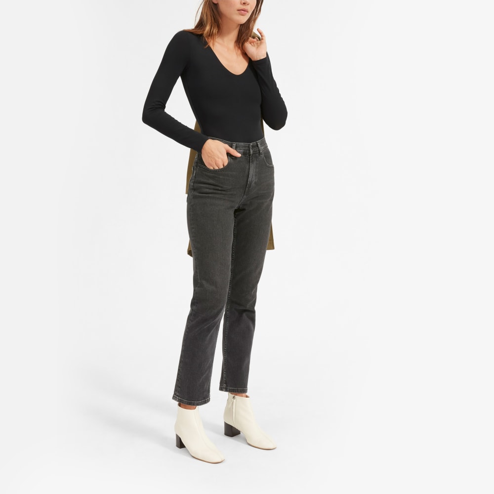 The Long-Sleeve V-Neck Bodysuit in Black — detail view