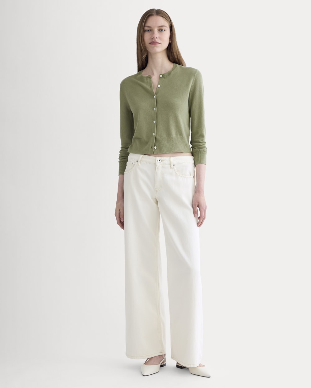 The Cropped Cardigan in Cotton Cashmere in Sagebrush — detail view