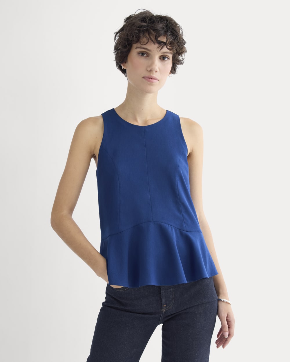 Sleeveless Peplum Top in Estate Blue — detail view