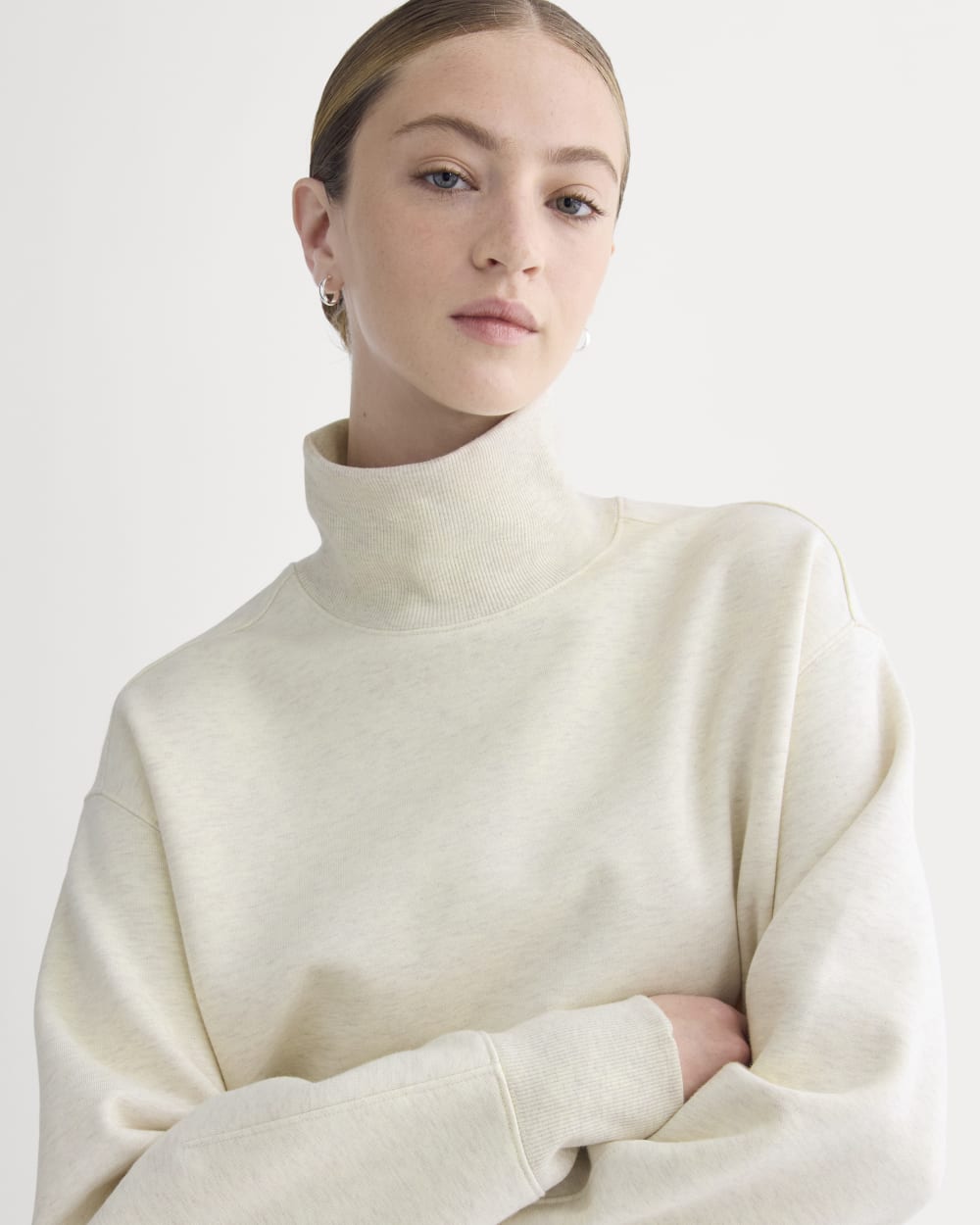 Luxe Fleece Turtleneck in Heathered Oat — detail view