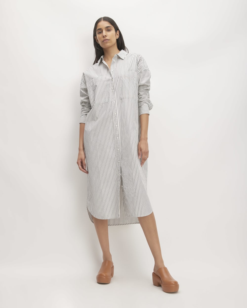 The Midi Cotton Shirt Dress in Bone/Navy — front view
