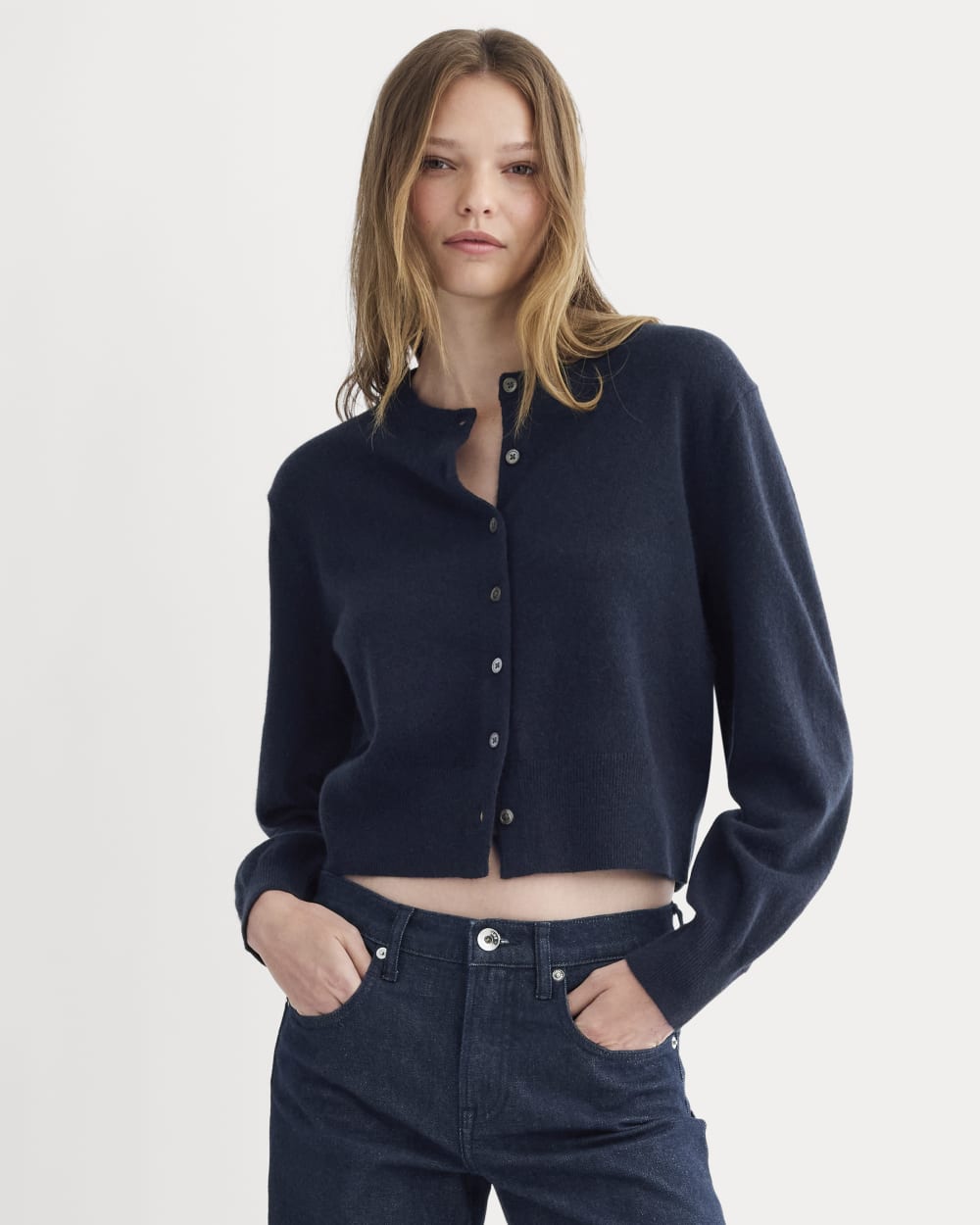 Cashmere Cropped Cardigan in Navy — front view