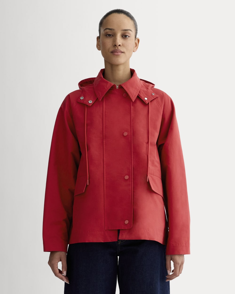 The Short Anorak in Berry Red — front view