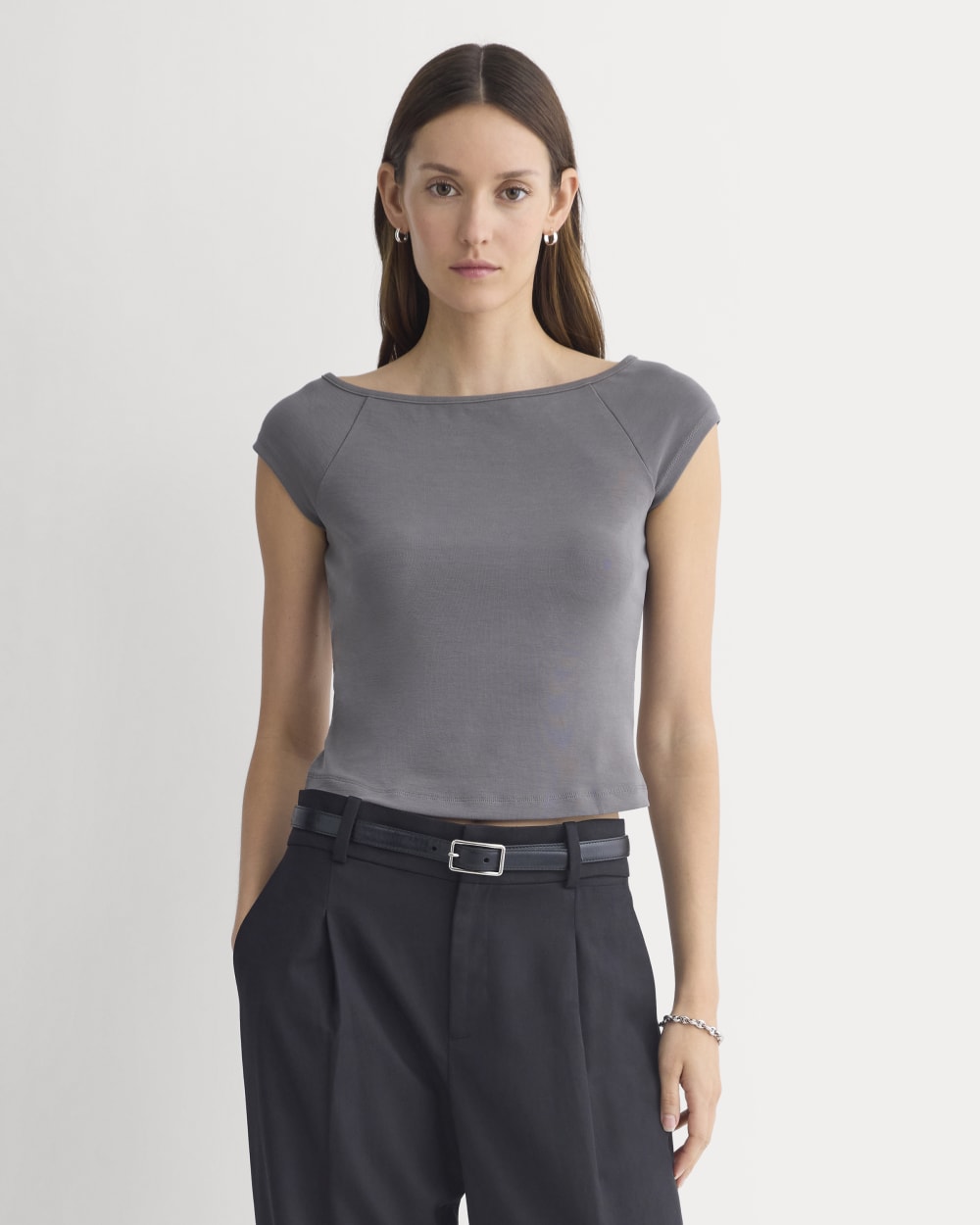 Boatneck Cap-Sleeve Top in Butterknit in Charcoal Grey — front view