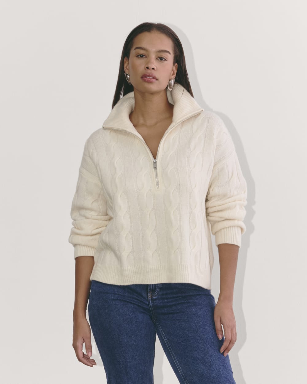 The Cable Half-Zip in Luxe Merino in Bone — front view