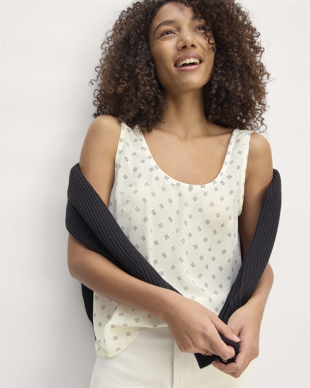 The Scoop Tank in Washable Silk in Bone / Black Square Dot — front view