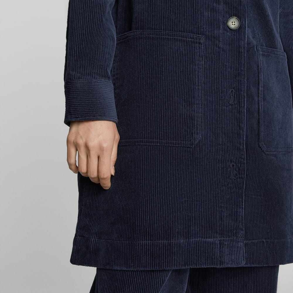 The Corduroy Long Shirt Jacket in Deep Navy — detail view