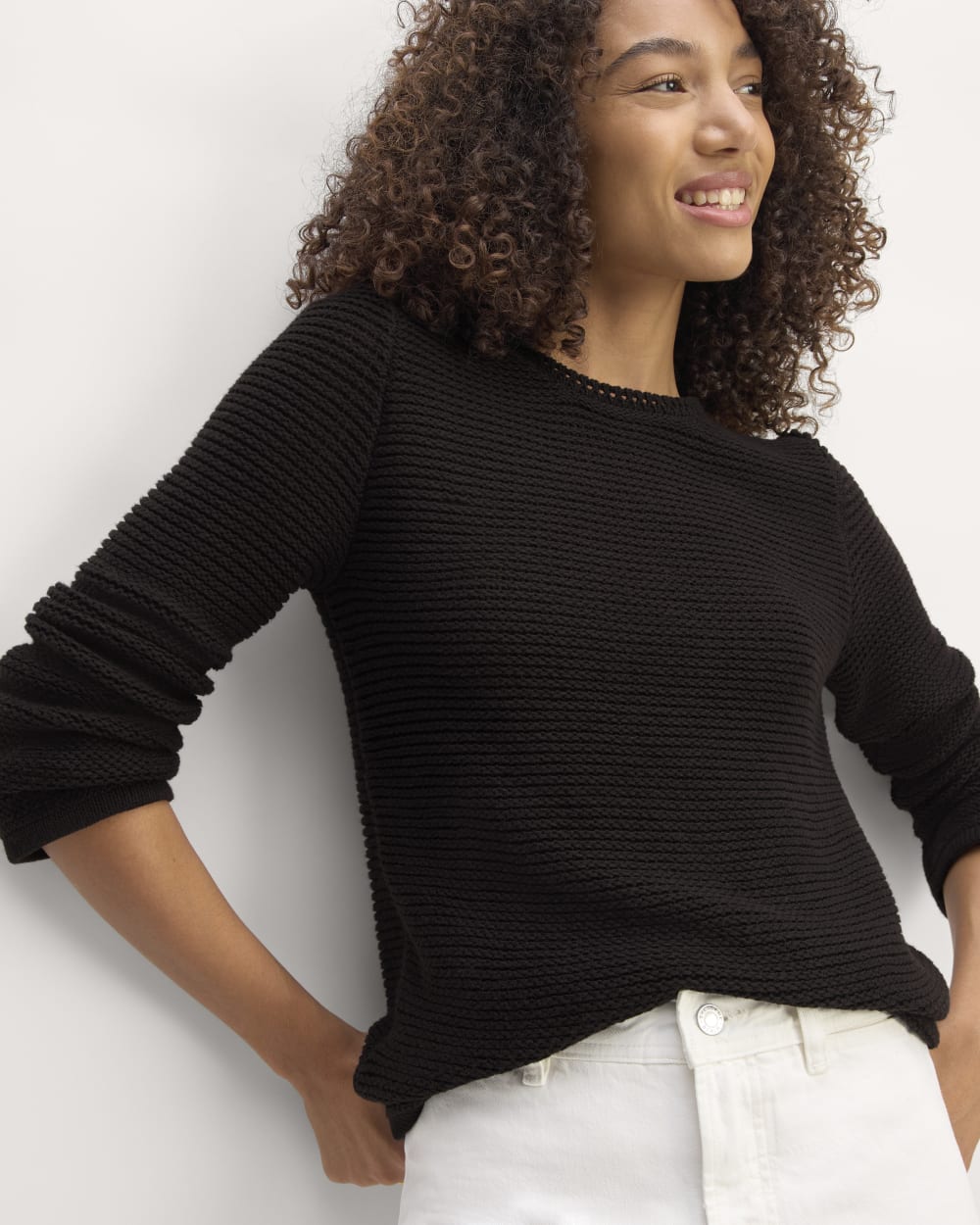 The Organic Cotton Open-Stitch Crew in Black — front view