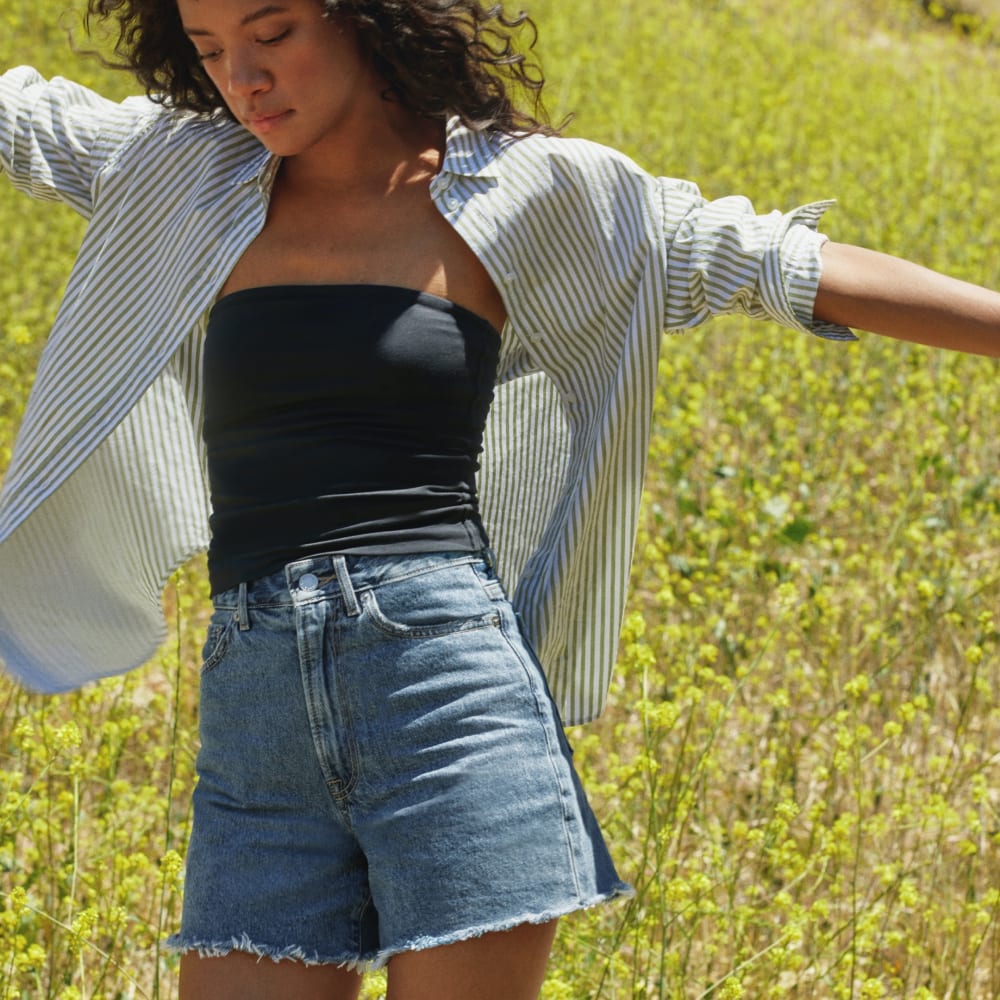 The A-Line Denim Short in Medium Indigo — detail view