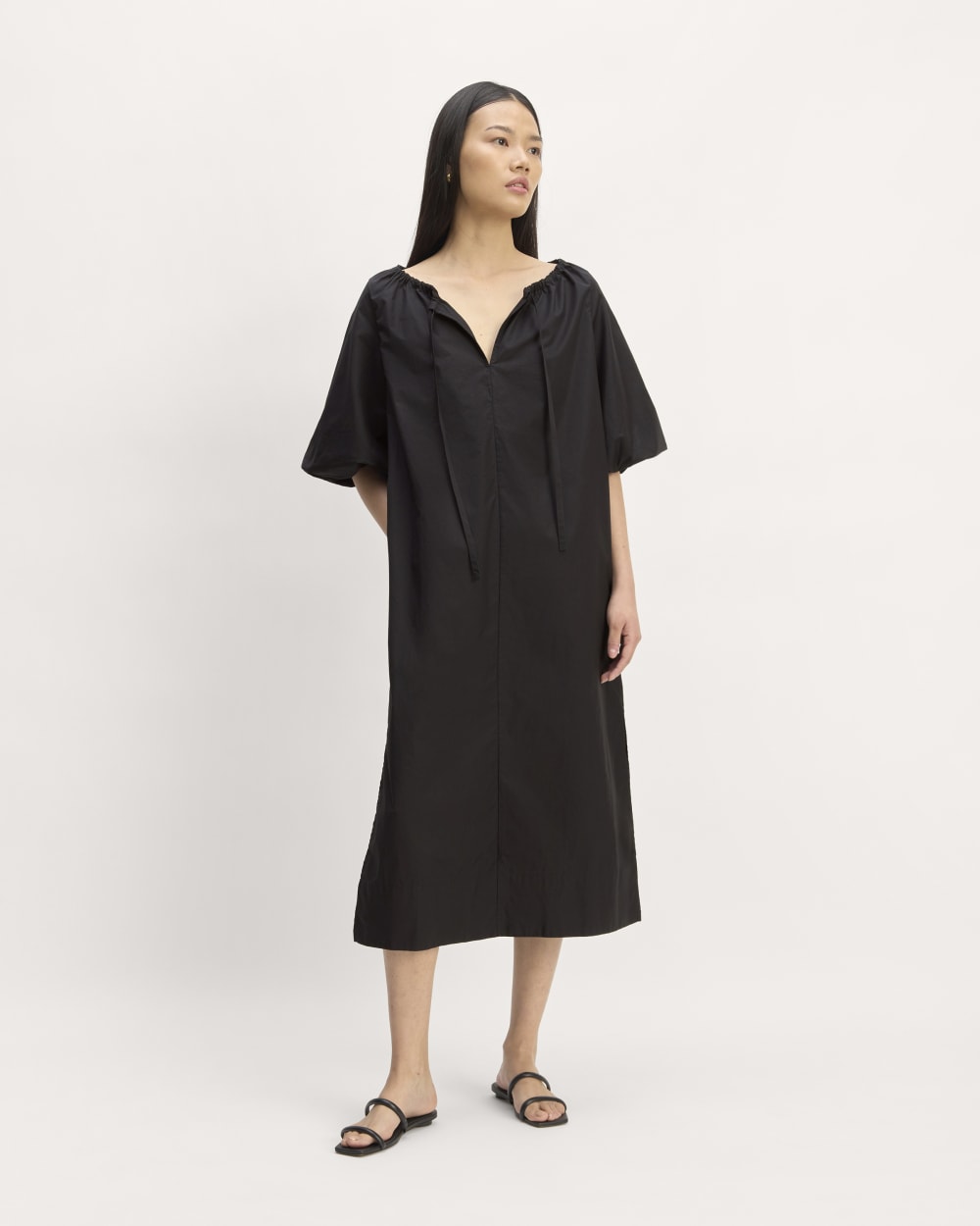 The Supima® Puff-Sleeve Dress in Black — front view