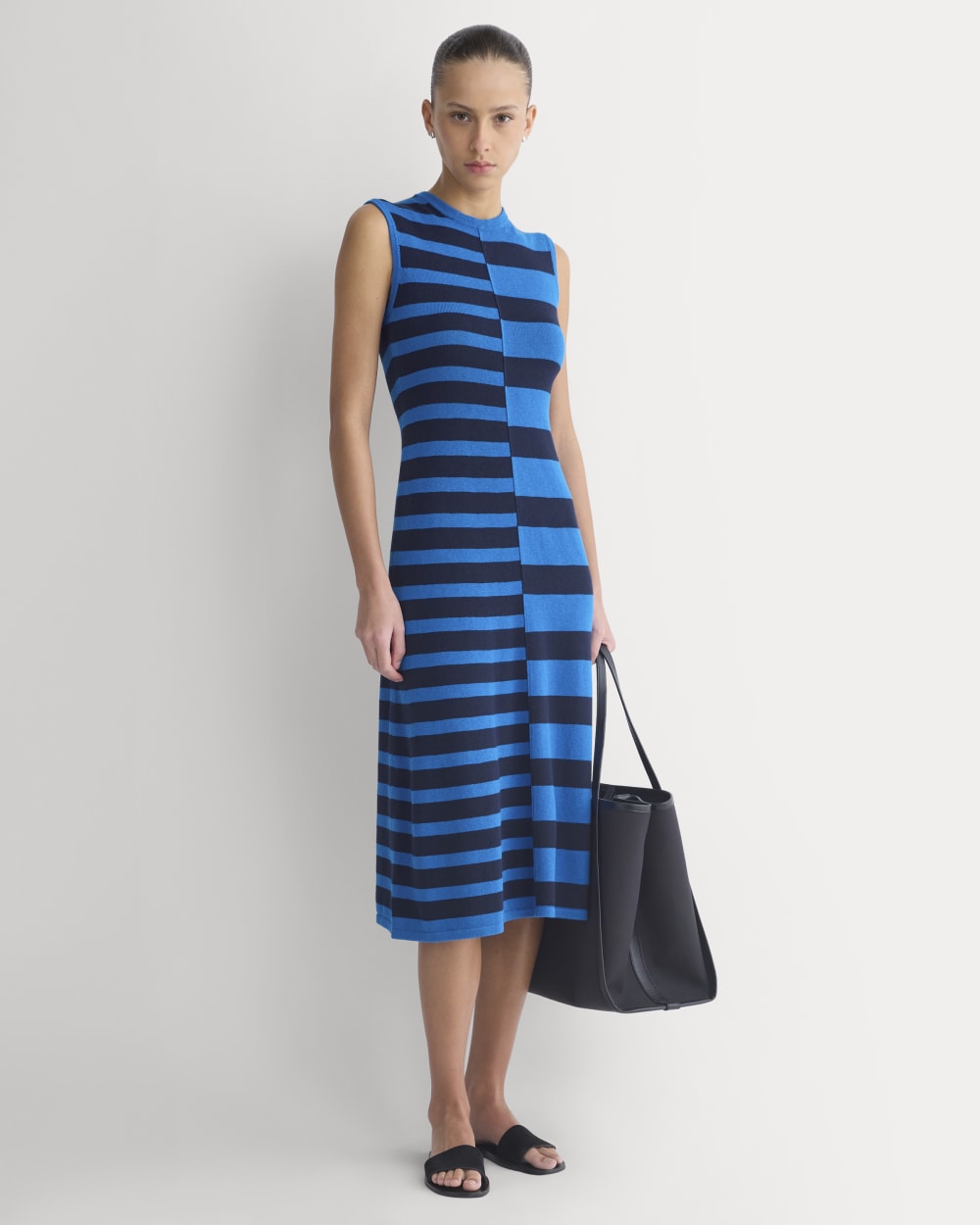 Striped Sweater Midi Dress in Imperial Blue/True Navy Duo Stripe — front view