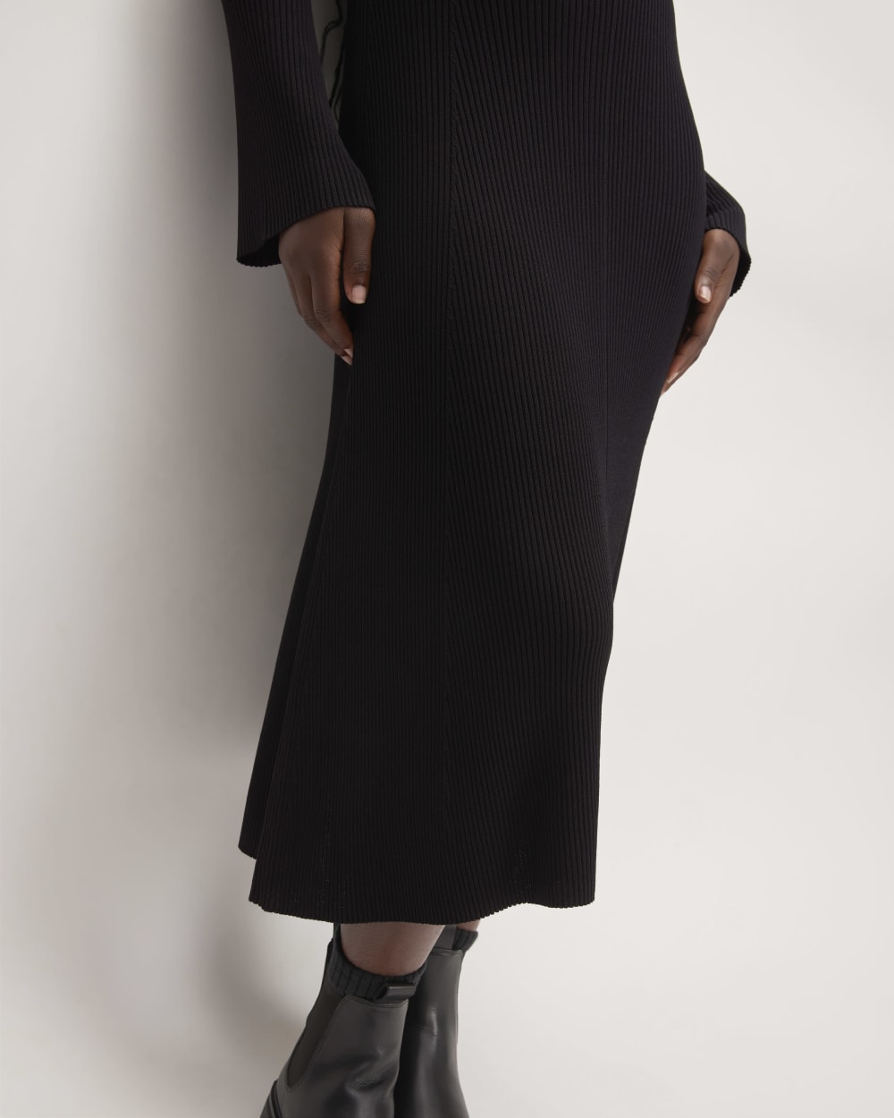 The Ribbed Mock Neck Midi Dress in Black — detail view