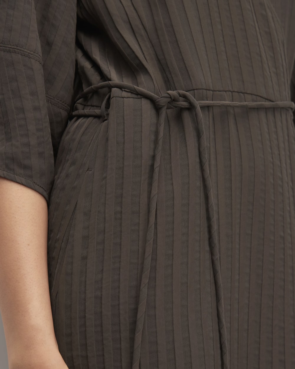 The City Stripe Wrap Dress in Earth Brown — detail view