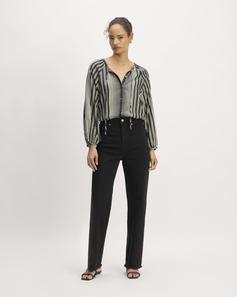 The Gathered Shirt in Butterlite in Black / Bone — detail view