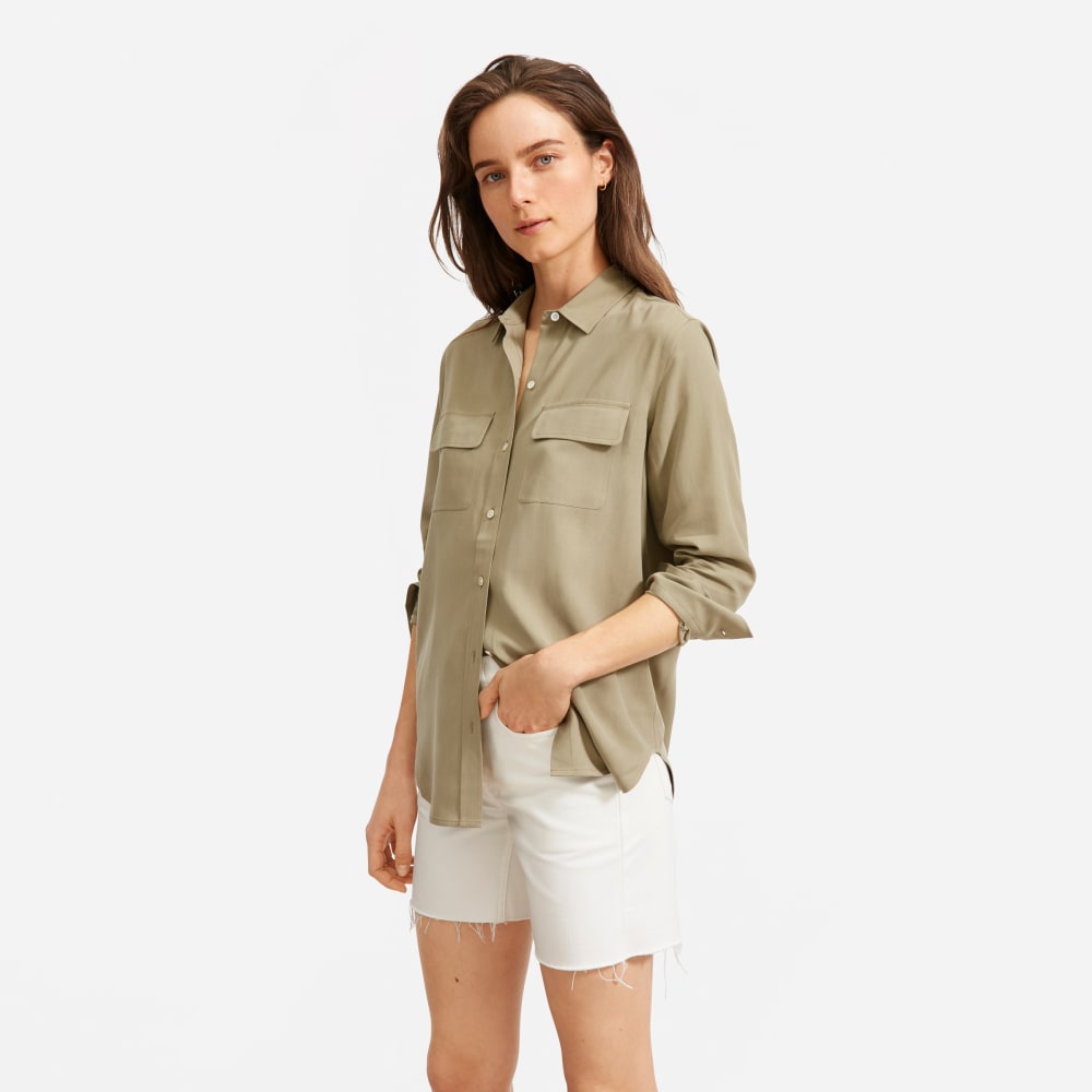 The Washable Silk Relaxed Shirt in Covert Green — alternate view