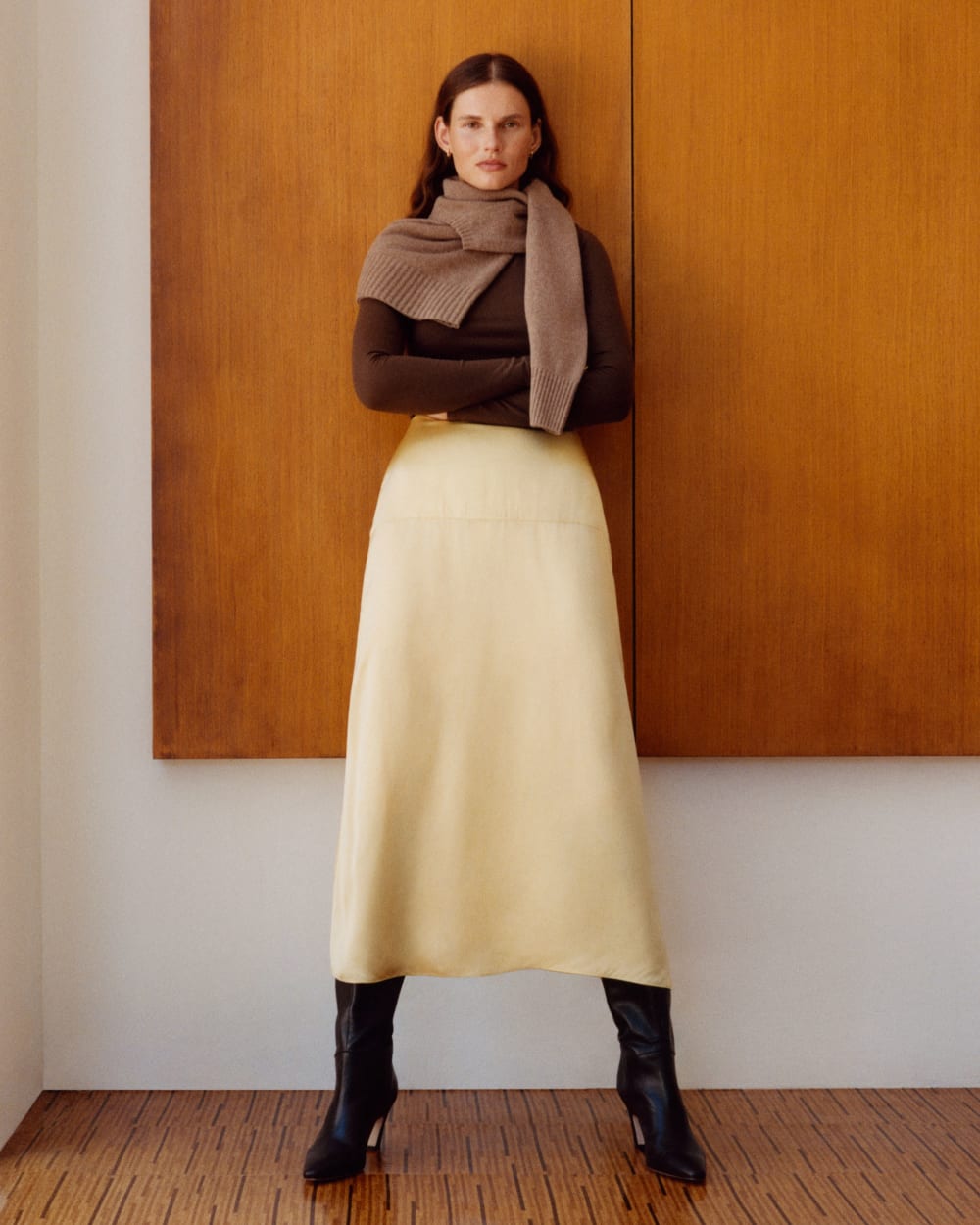 The Hammered Satin Slip Skirt in Raffia — detail view
