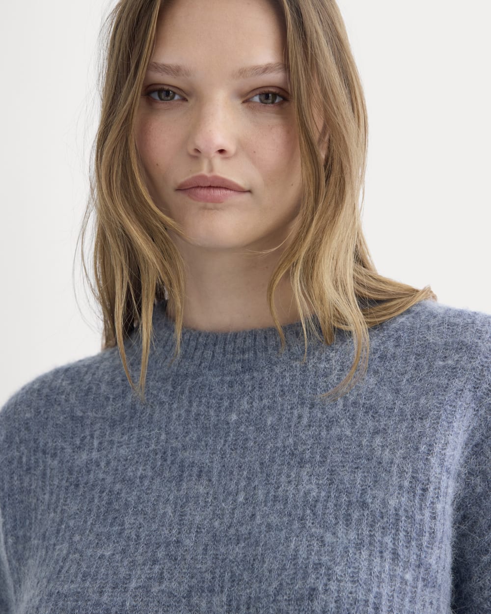 The Cocoon Crew in Alpaca in Heather Sage Blue — detail view