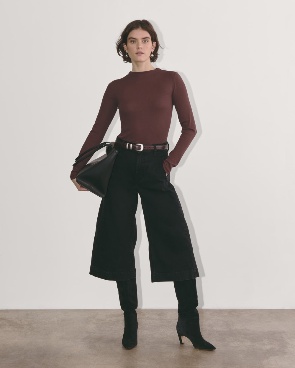 The Luxe Rib Funnel-Neck Tee in Dark Mahogany — detail view