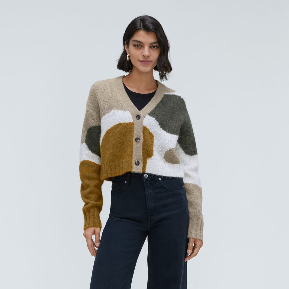 The Alpaca V-Neck Cropped Cardigan in Neutral Camo — detail view