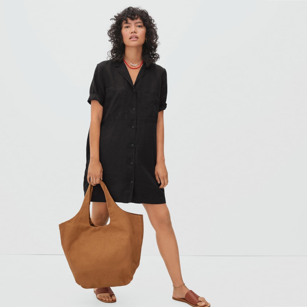 The Linen Workwear Dress in Black — front view