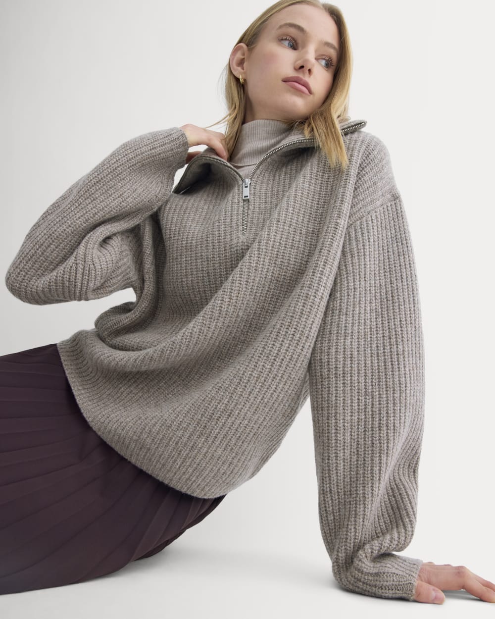 The Half-Zip Sweater in Luxe Merino in Heather Soft Taupe — detail view