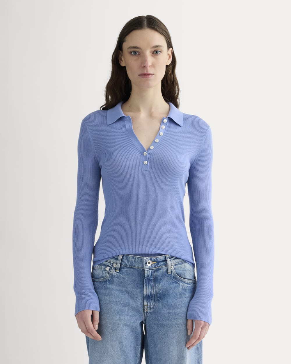 The Polo in Ultrasoft Merino in Bluebell — front view