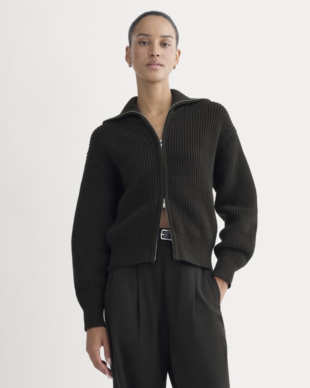 The Full-Zip Sweater in Everyday Cotton in Black — front view