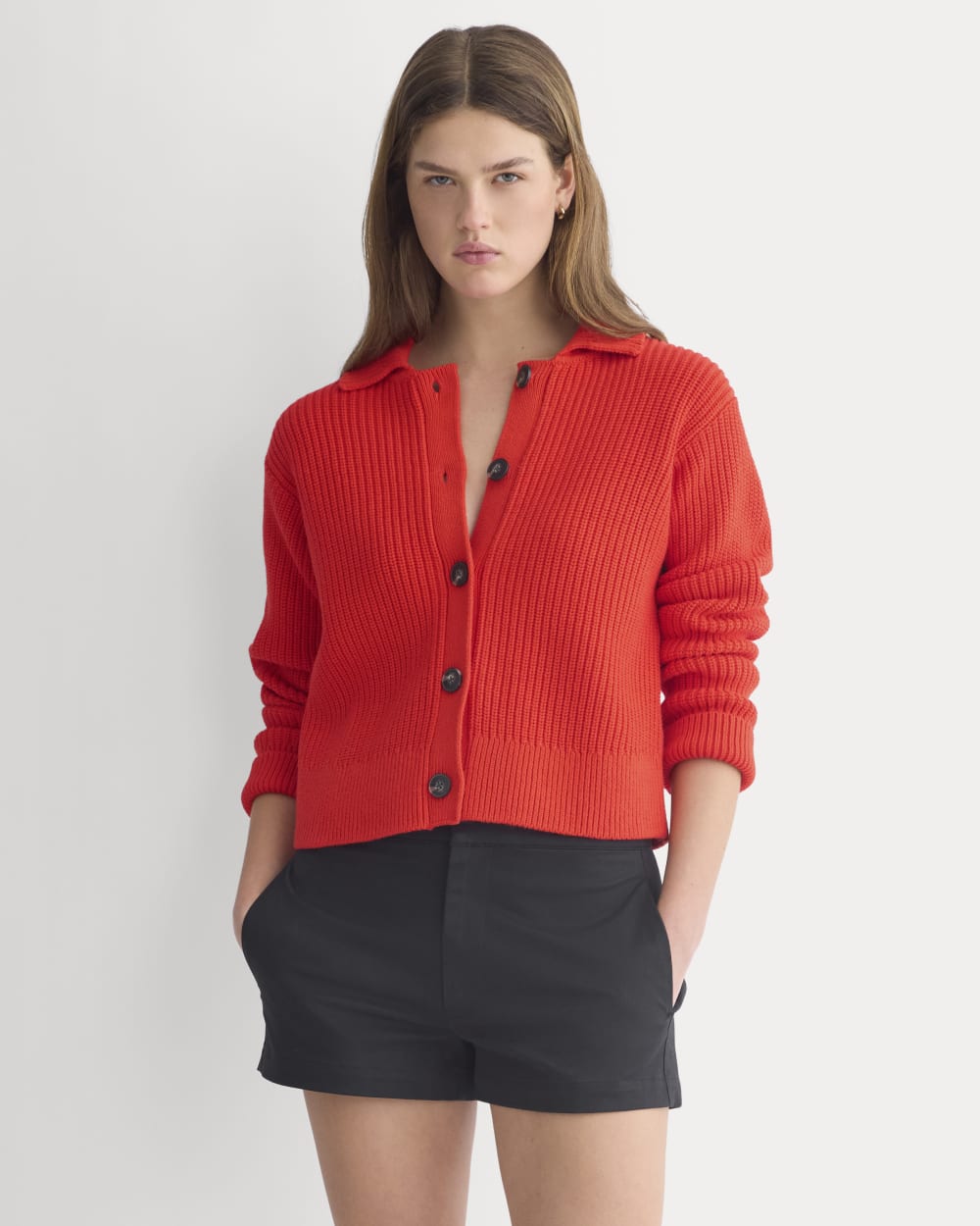 Shrunken Cardigan in Everyday Cotton in Fiery Red — front view