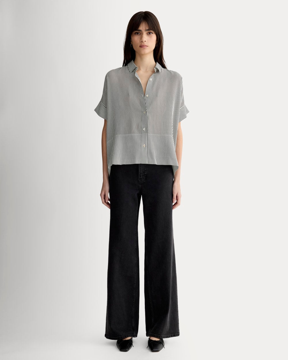 The Boxy Shirt in Washable Silk in Black Micro Stripe — detail view