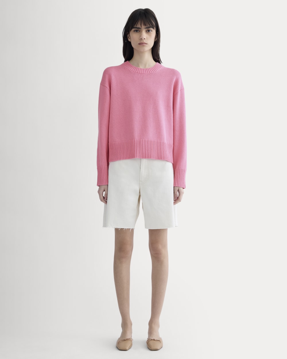 The Boxy Sweater in Everyday Cotton in Deep Pink — detail view