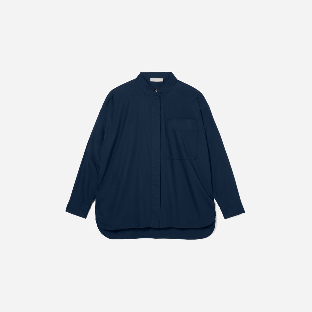 The Oversized Silky Cotton Shirt in Navy — front view