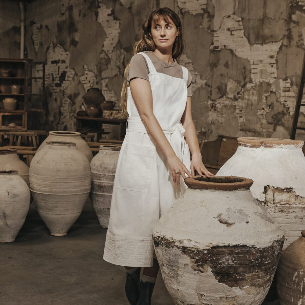 The Organic Cotton Herringbone Dress in Bone — detail view