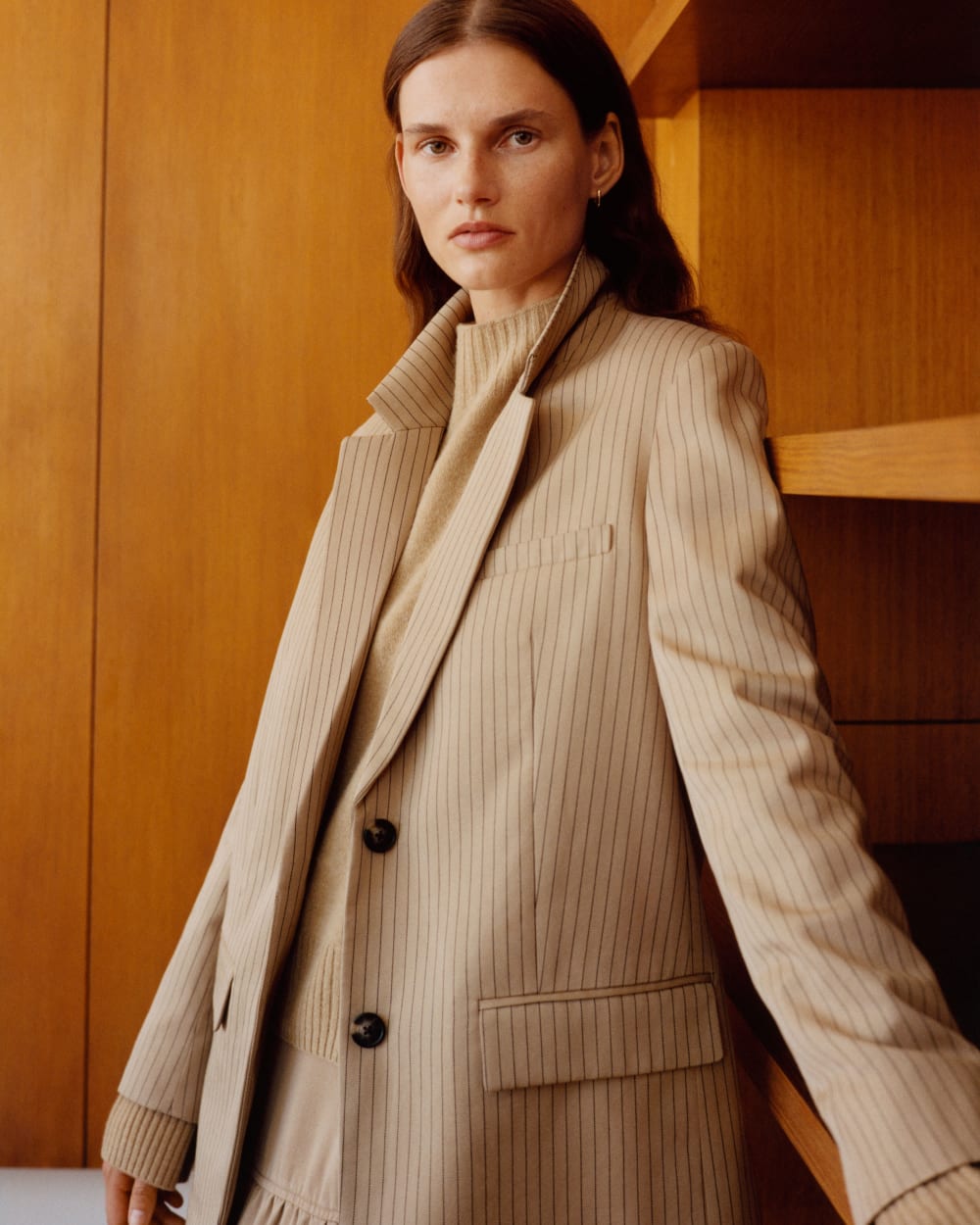 The Oversized Blazer in Buttersmooth in Cornstalk / Black — detail view
