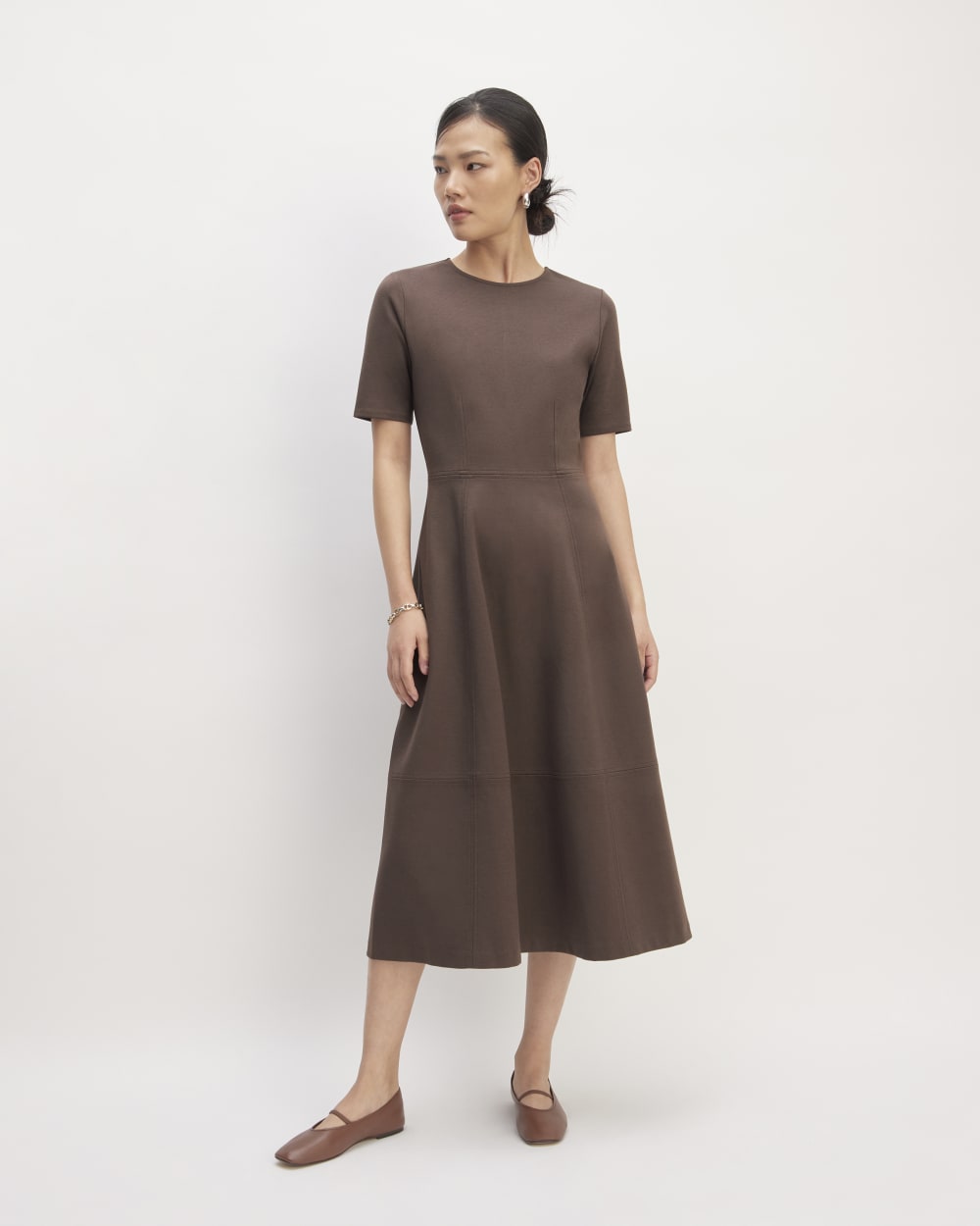 The Dream Short-Sleeve Dress in Earth Brown — front view