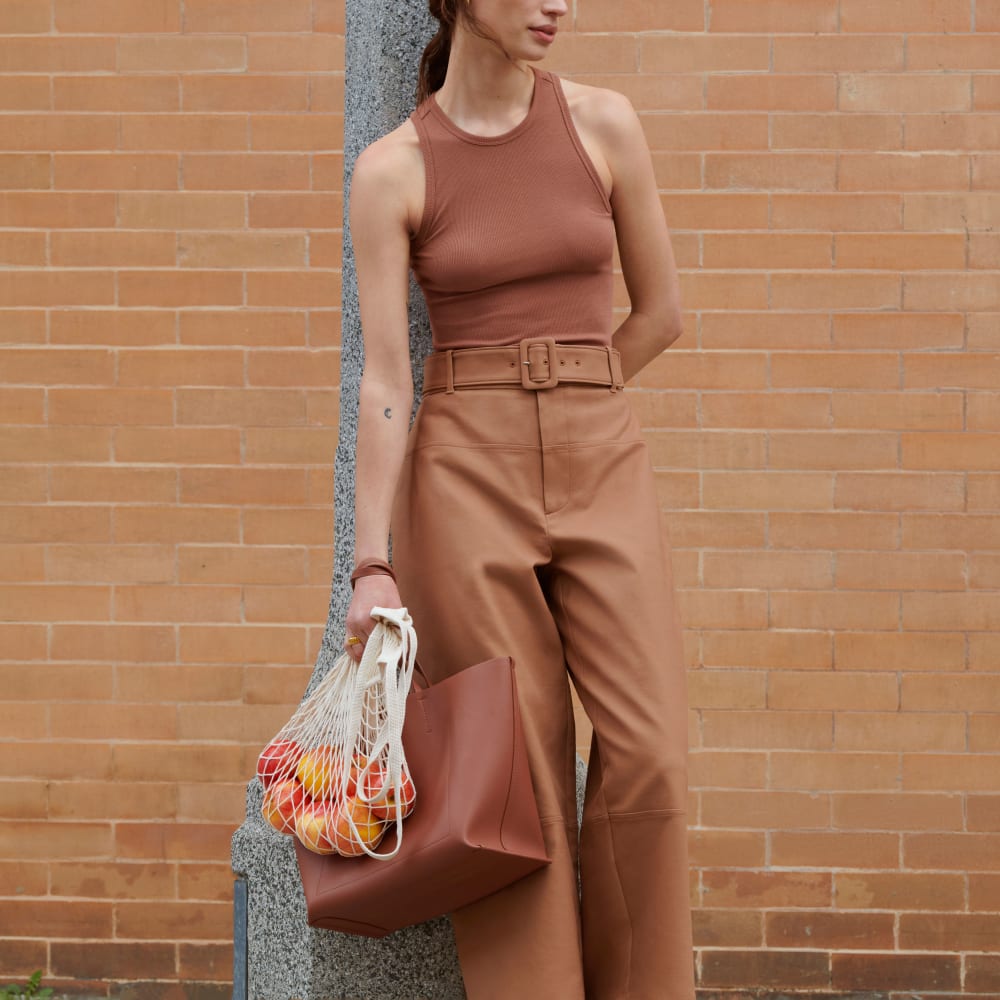 The Structured Cotton Belted Pant in Toasted Coconut — detail view