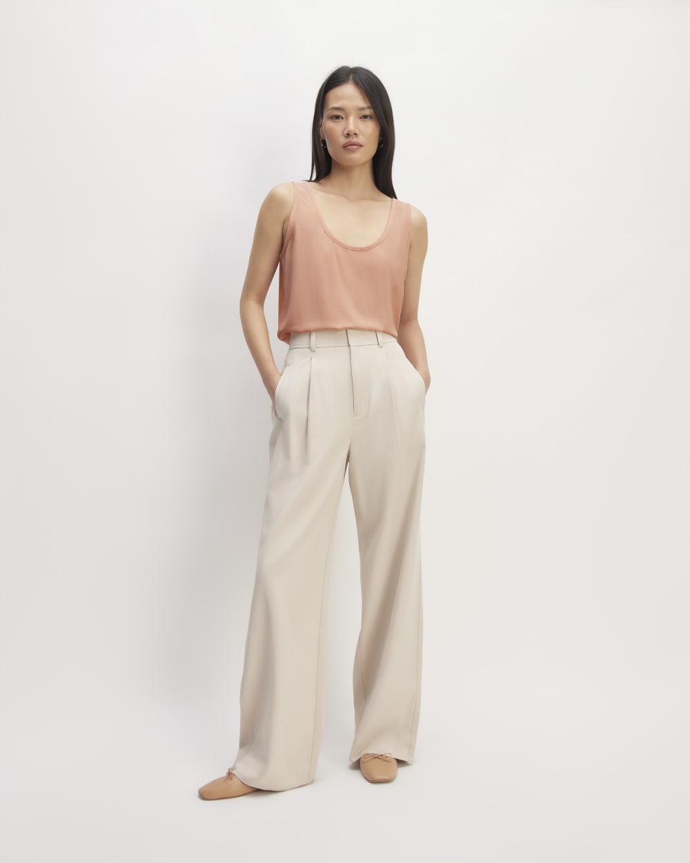 The Scoop Tank in Washable Silk in Blush Pink — detail view