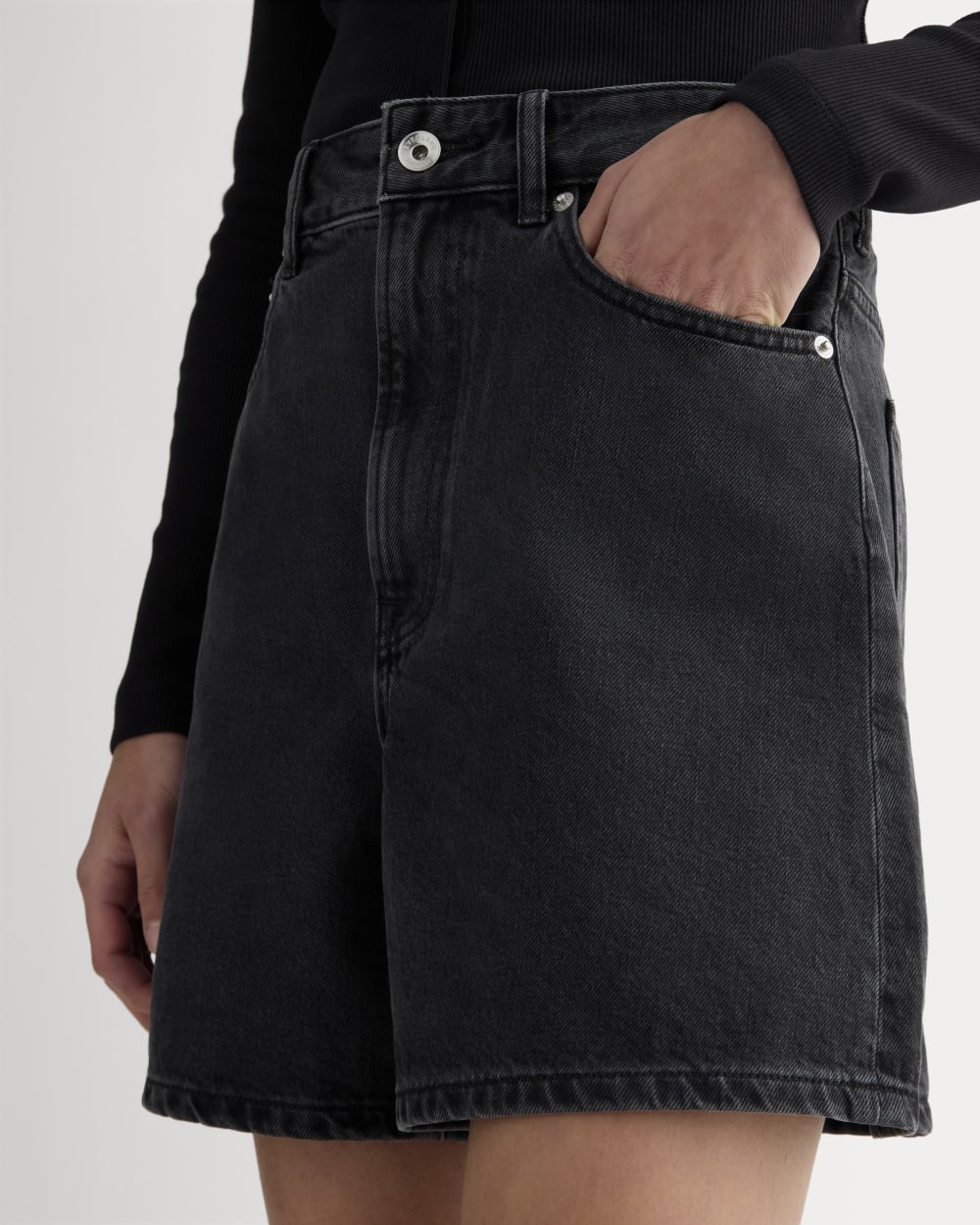The A-Line Denim Short in Washed Black — detail view
