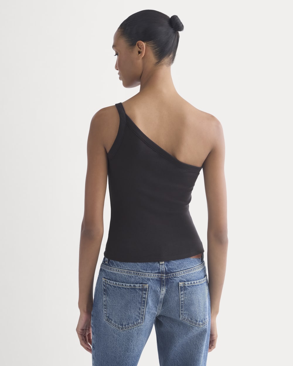 RetroSoft Cotton One-Shoulder Tank in Black — detail view
