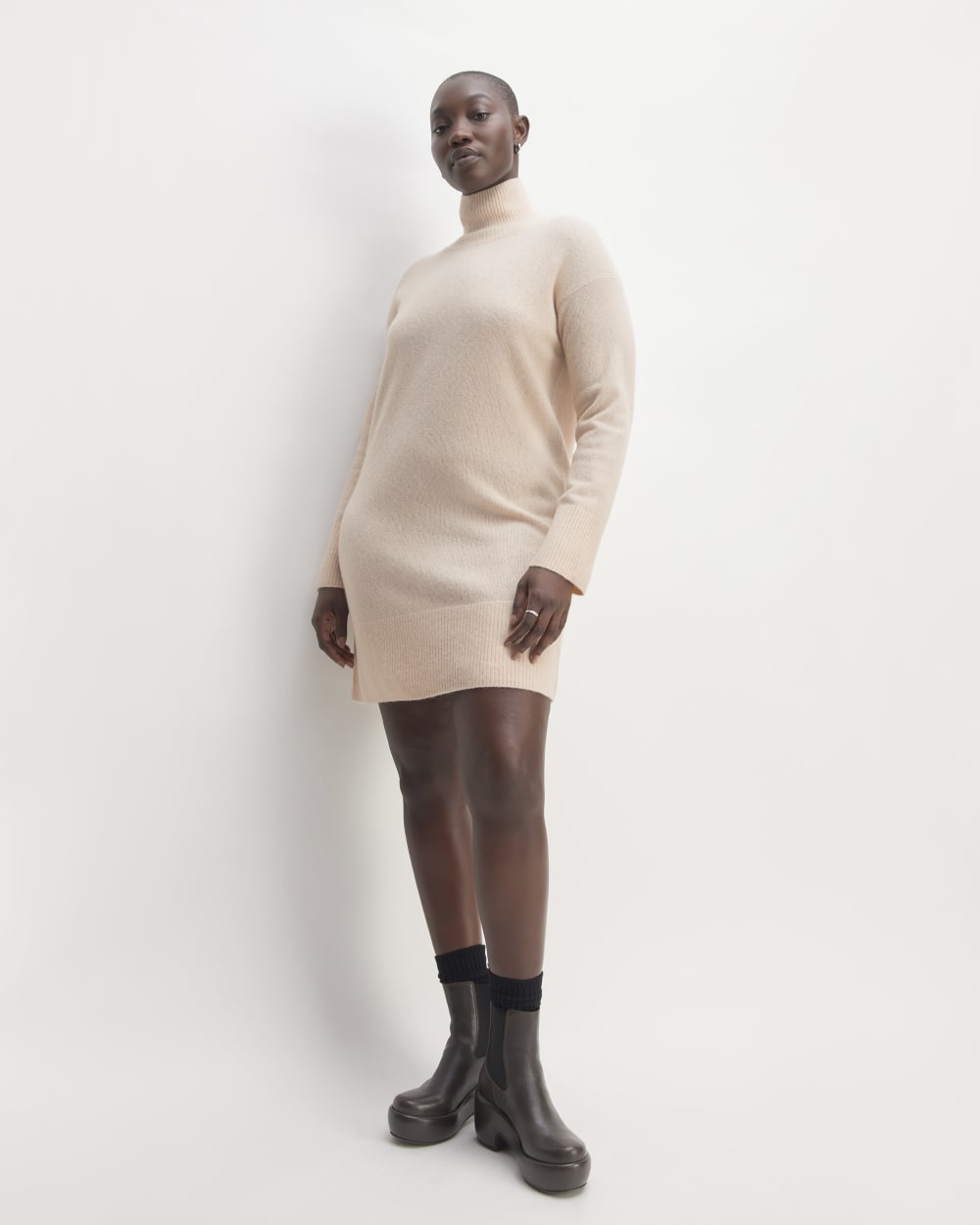 The Cozy Stretch Turtleneck Dress in Whisper Pink — front view