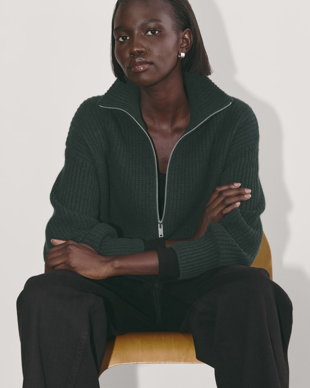 The Half-Zip Sweater in Luxe Merino in Heather Scarab Green — detail view