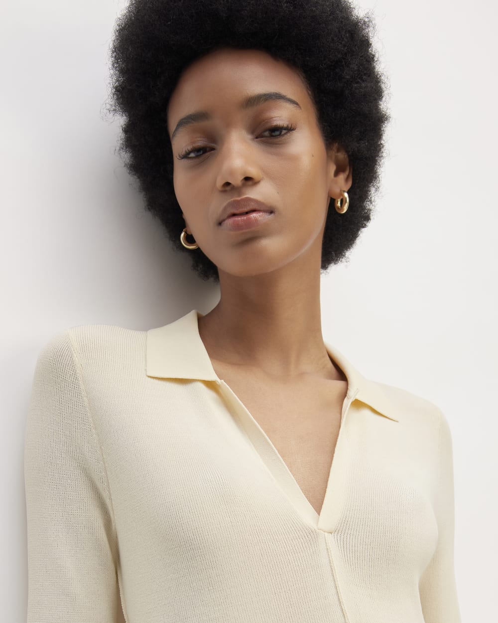 The Viscose Knit Polo Midi Dress in Beige — detail view